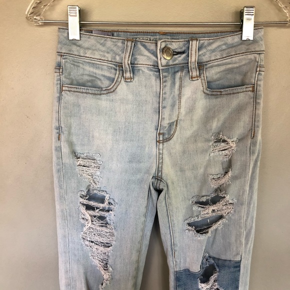 American Eagle Jeans Super Stretch X Destroyed Distressed Hi-Rise Patch Raw Hem - Picture 2 of 9
